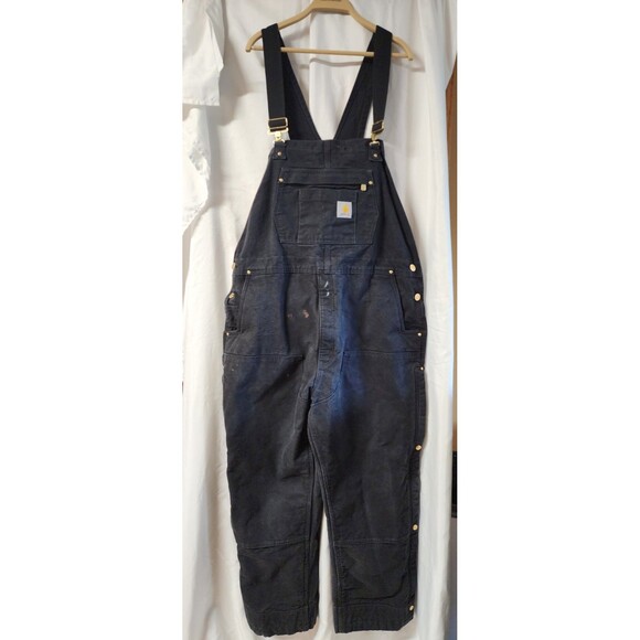 Carhartt Black Insulated BIB Overalls  OR4393-M Loose Fit XL SHORT Paint Spots - Picture 1 of 15